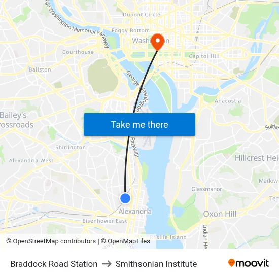 Braddock Road Station to Smithsonian Institute map