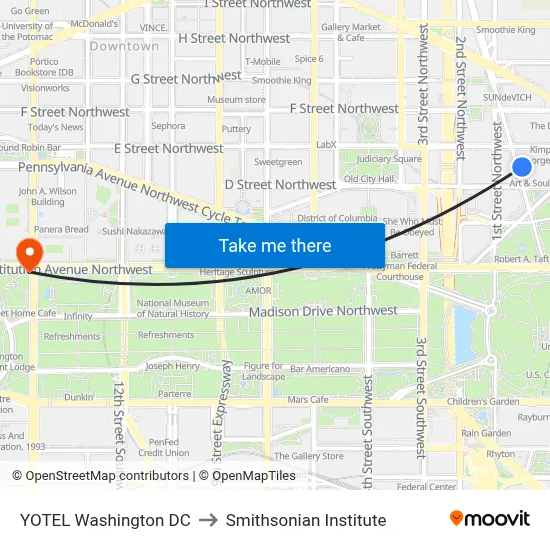 YOTEL Washington DC to Smithsonian Institute map