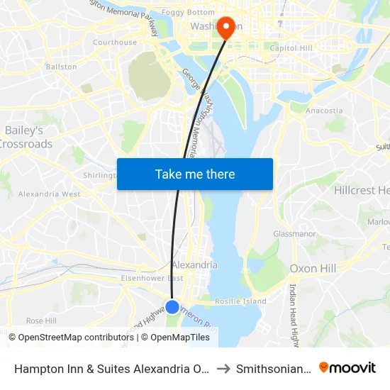Hampton Inn & Suites Alexandria Old Town Area South to Smithsonian Institute map