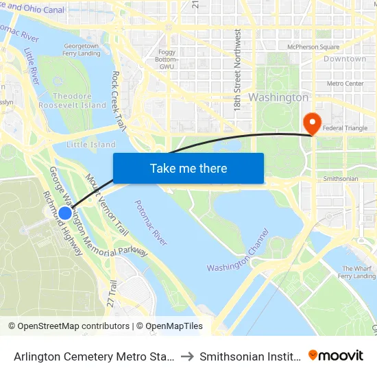 Arlington Cemetery Metro Station to Smithsonian Institute map