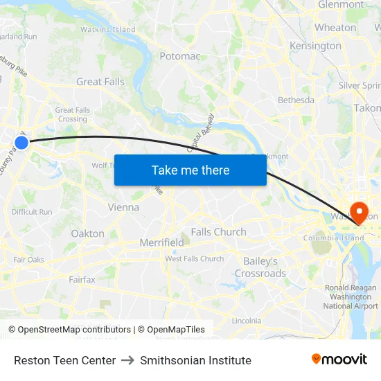 Reston Teen Center to Smithsonian Institute map
