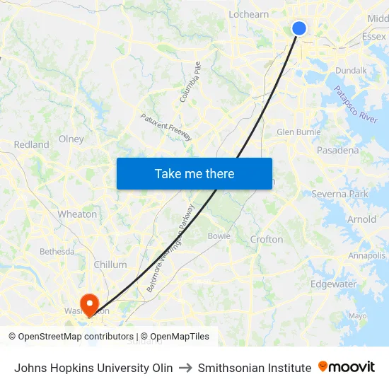 Johns Hopkins University Olin to Smithsonian Institute map
