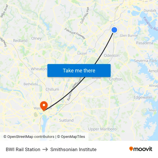 BWI Rail Station to Smithsonian Institute map