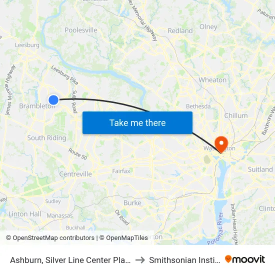 Ashburn, Silver Line Center Platform to Smithsonian Institute map