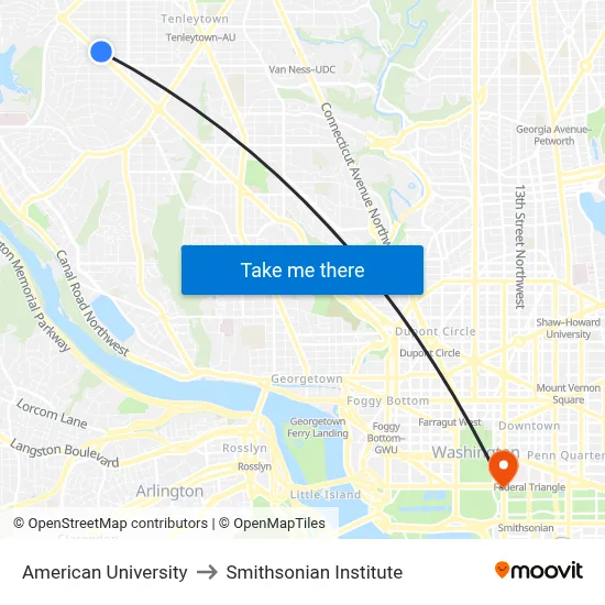American University to Smithsonian Institute map