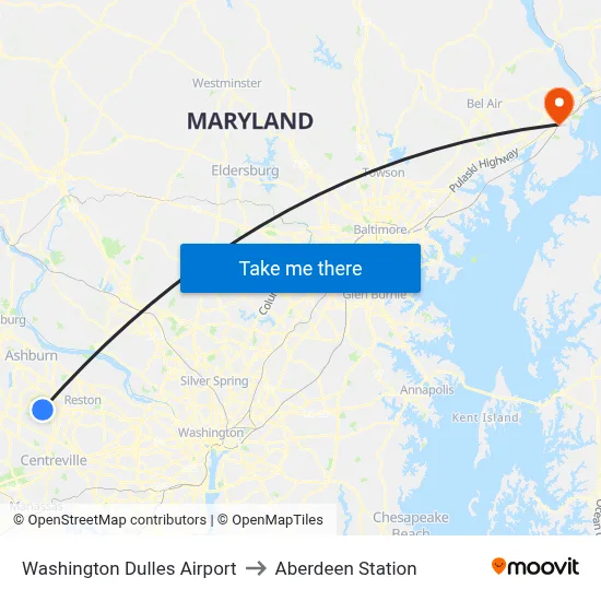 Washington Dulles Airport to Aberdeen Station map