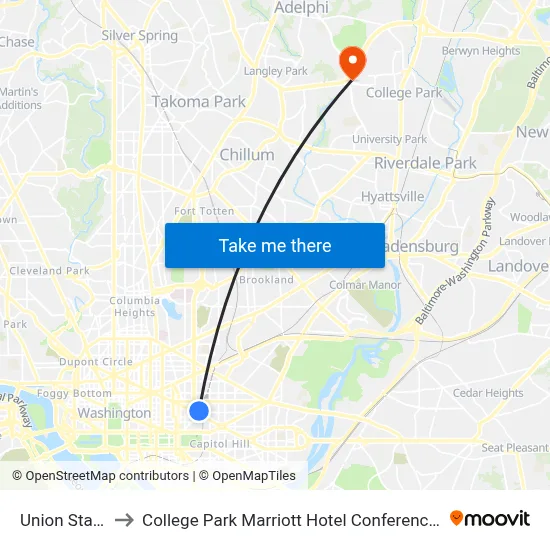 Union Station to College Park Marriott Hotel Conference Center map
