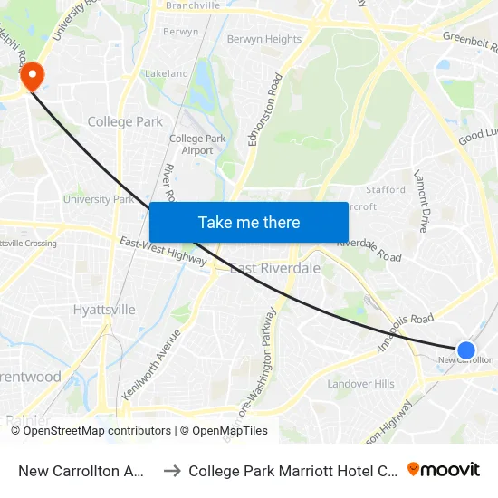 New Carrollton Amtrak Station to College Park Marriott Hotel Conference Center map