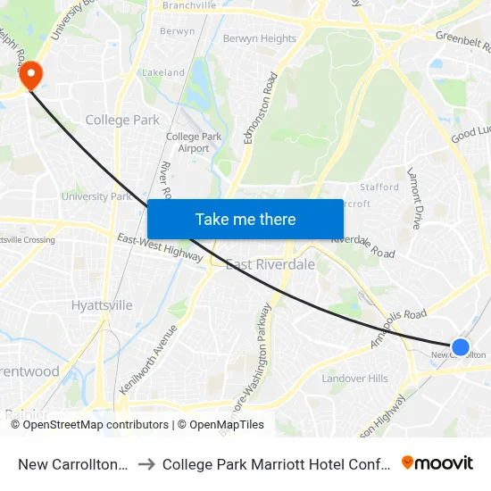 New Carrollton Station to College Park Marriott Hotel Conference Center map