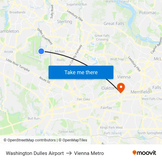 Washington Dulles Airport to Vienna Metro map