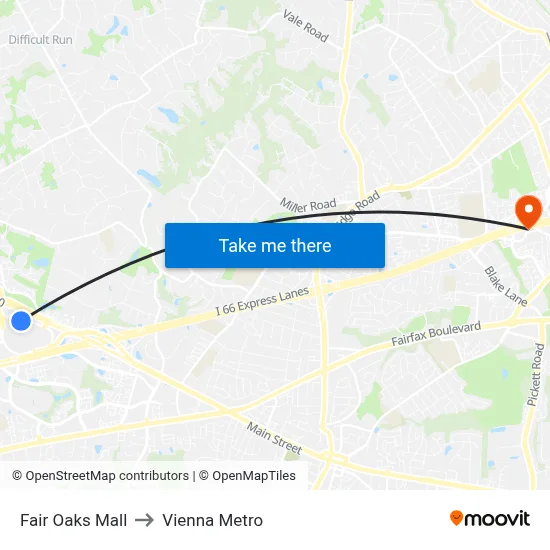 Fair Oaks Mall to Vienna Metro map