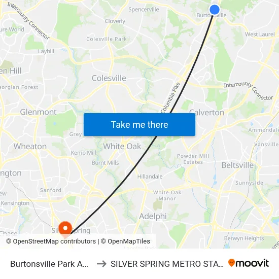 Burtonsville Park And Ride to SILVER SPRING METRO STATION nb map