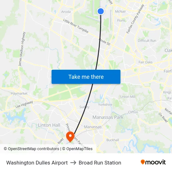 Washington Dulles Airport to Broad Run Station map