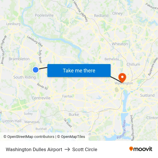 Washington Dulles Airport to Scott Circle map
