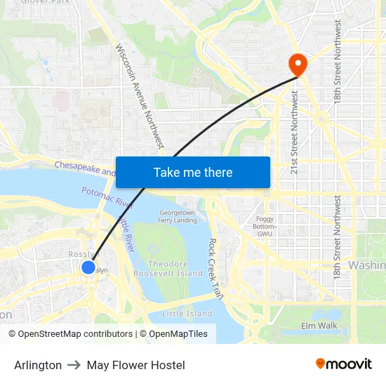 Arlington to May Flower Hostel map