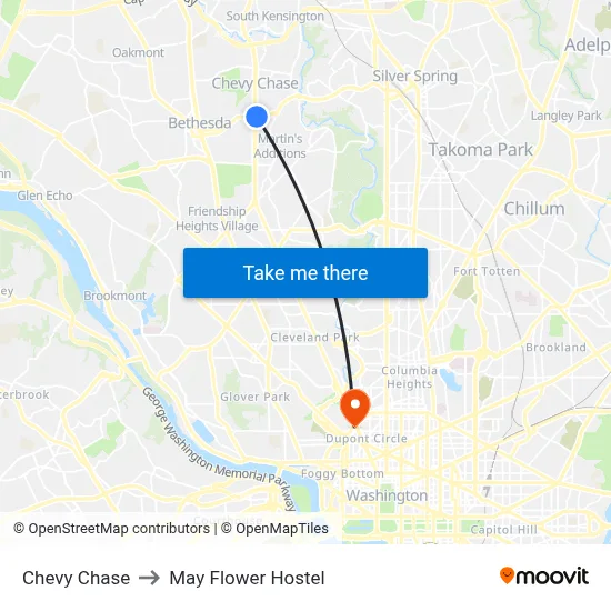 Chevy Chase to May Flower Hostel map