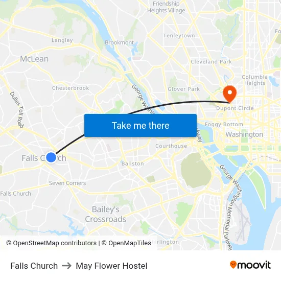 Falls Church to May Flower Hostel map