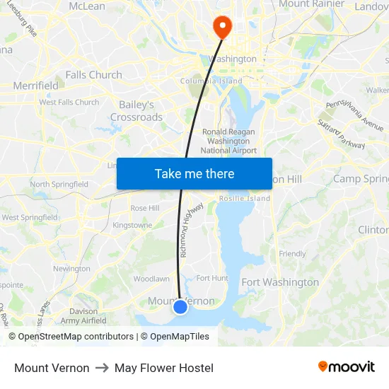 Mount Vernon to May Flower Hostel map