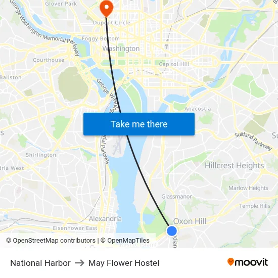 National Harbor to May Flower Hostel map