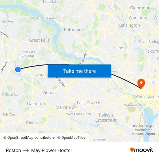 Reston to May Flower Hostel map