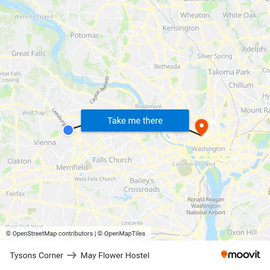 Tysons Corner to May Flower Hostel map