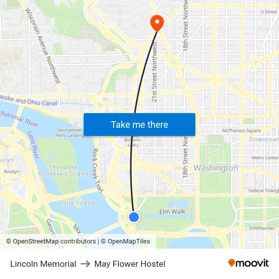 Lincoln Memorial to May Flower Hostel map