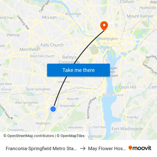 Franconia-Springfield Metro Station to May Flower Hostel map