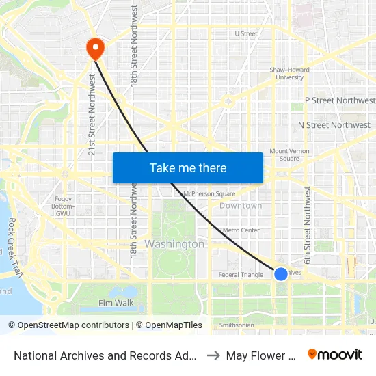 National Archives and Records Administration to May Flower Hostel map