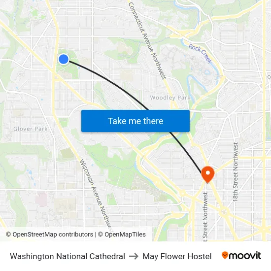 Washington National Cathedral to May Flower Hostel map