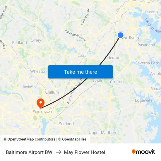 Baltimore Airport BWI to May Flower Hostel map