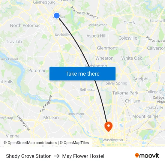 Shady Grove Station to May Flower Hostel map