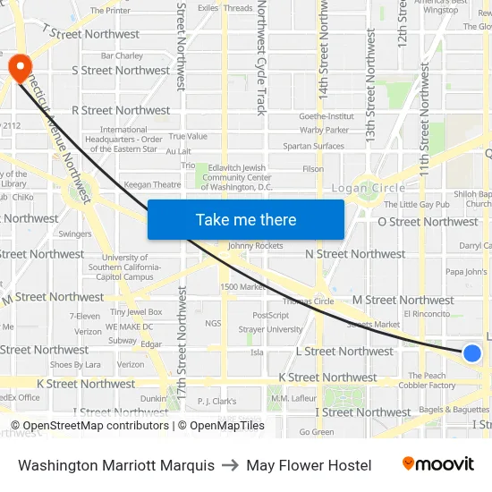 Washington Marriott Marquis to May Flower Hostel map