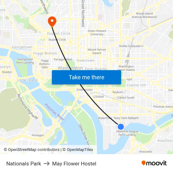 Nationals Park to May Flower Hostel map