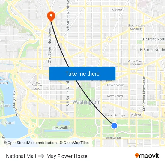 National Mall to May Flower Hostel map