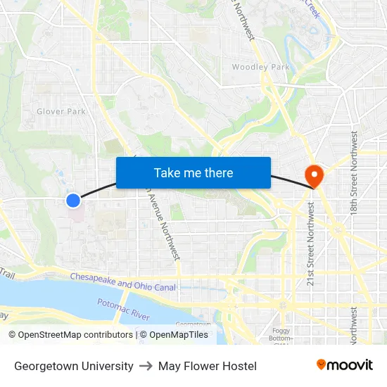 Georgetown University to May Flower Hostel map
