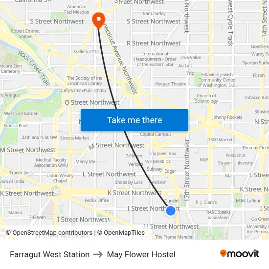 Farragut West Station to May Flower Hostel map