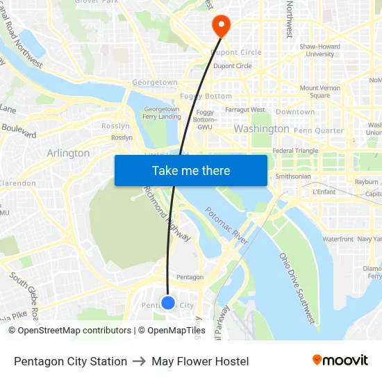 Pentagon City Station to May Flower Hostel map