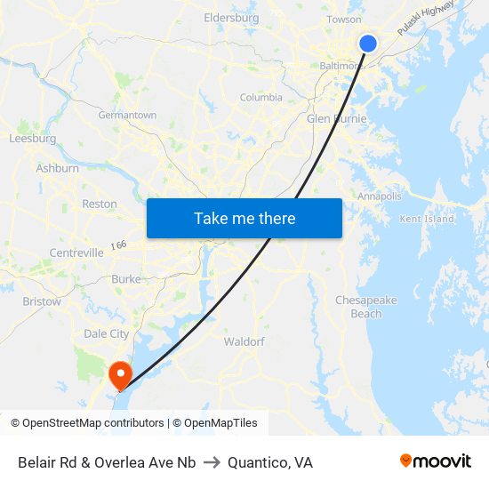 Belair Rd & Overlea Ave Nb to Quantico, VA map