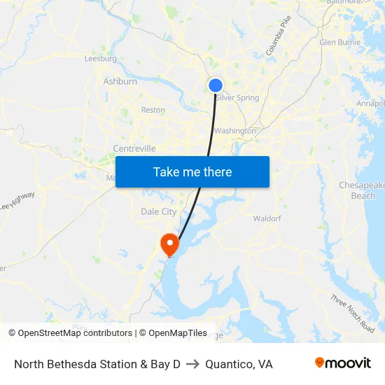North Bethesda Station & Bay D to Quantico, VA map