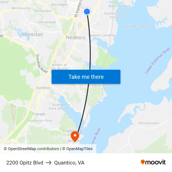 2200 Opitz Blvd to Quantico, VA map