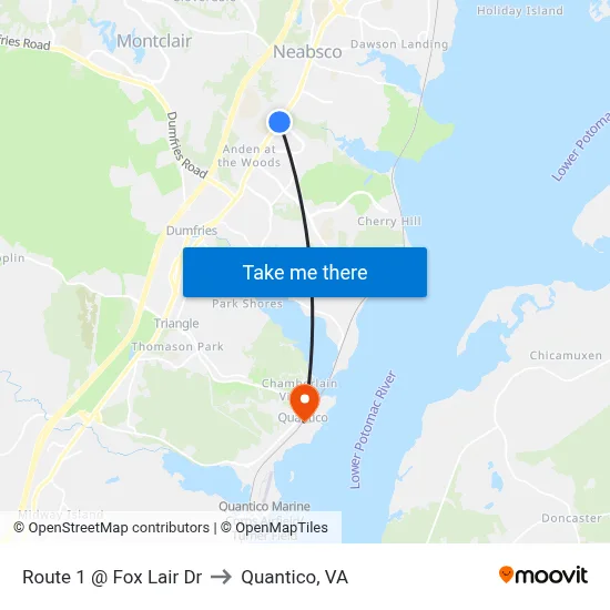 Route 1 @ Fox Lair Dr to Quantico, VA map