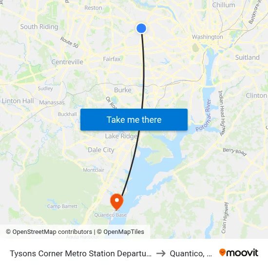 Tysons Corner Metro Station Departures to Quantico, VA map