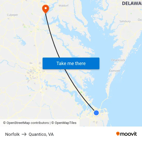 Norfolk to Quantico, VA map