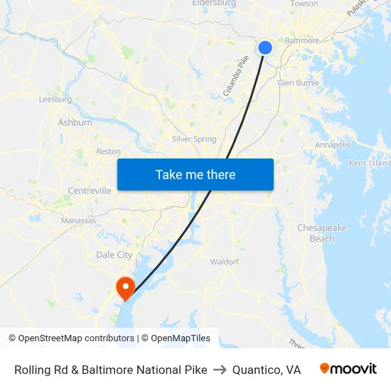 Rolling Rd & Baltimore National Pike to Quantico, VA map