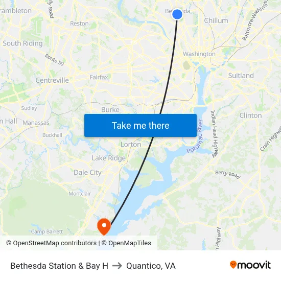 Bethesda Station & Bay H to Quantico, VA map