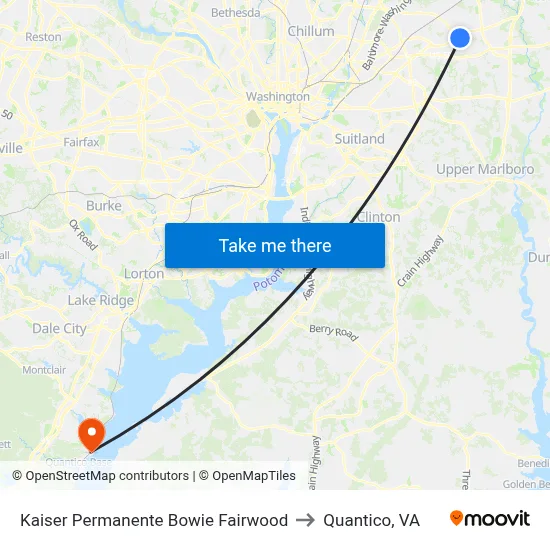 Kaiser Permanente Bowie Fairwood to Quantico, VA map