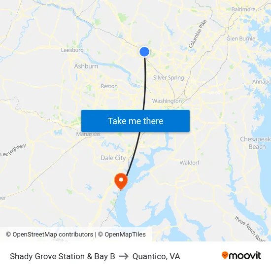 Shady Grove Station & Bay B to Quantico, VA map
