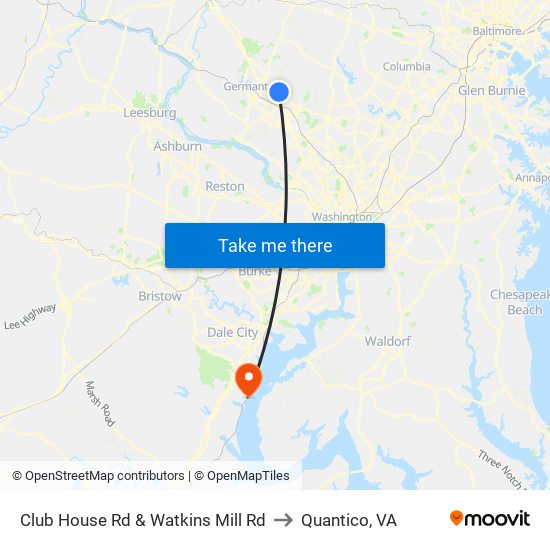 Club House Rd & Watkins Mill Rd to Quantico, VA map