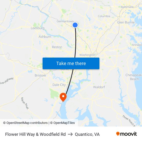 Flower Hill Way & Woodfield Rd to Quantico, VA map