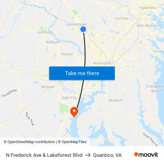 N Frederick Ave & Lakeforest Blvd to Quantico, VA map